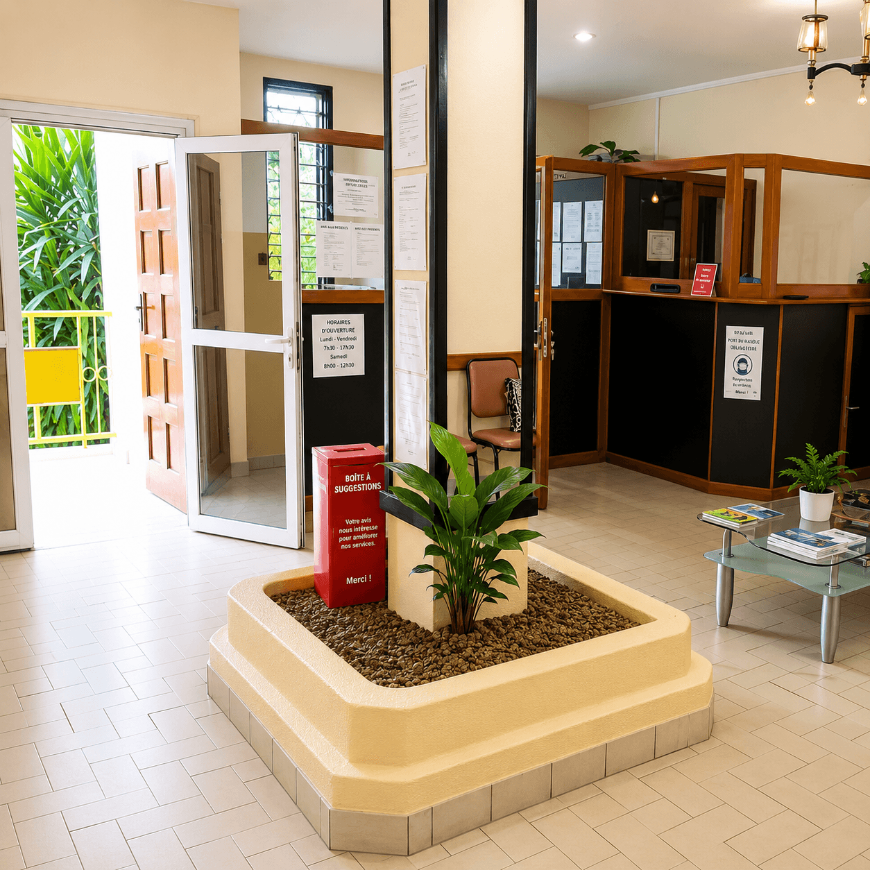 Salle d'attente chaleureuse de la clinique
